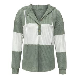 Contrast Panel Hooded Button Pullover Top