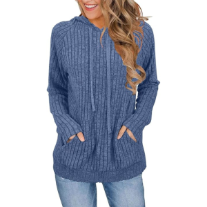 Casual Long Sleeve Ribbed Hoodie For Women
